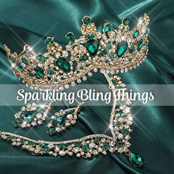 Sparkling Bling Things Jewelry - NWT Sparkling Bling Crystal Rhinestone Emerald Green Tiara Necklace Set